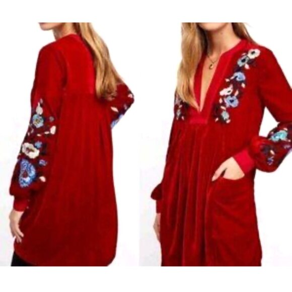 Free People red velvet Womens dress size xs boxy embroidered flowers - Picture 1 of 8
